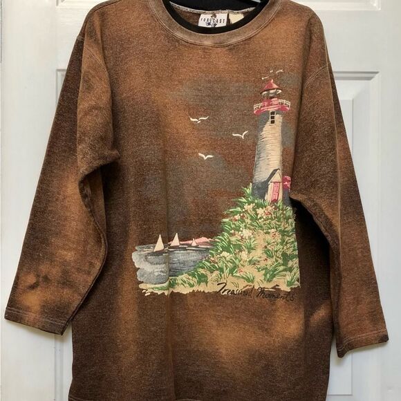VINTAGE FORECAST SWEATSHIRT SIZE 2X BROWN GRAPHIC LIGHTHOUSE PULL OVER - Picture 5 of 7